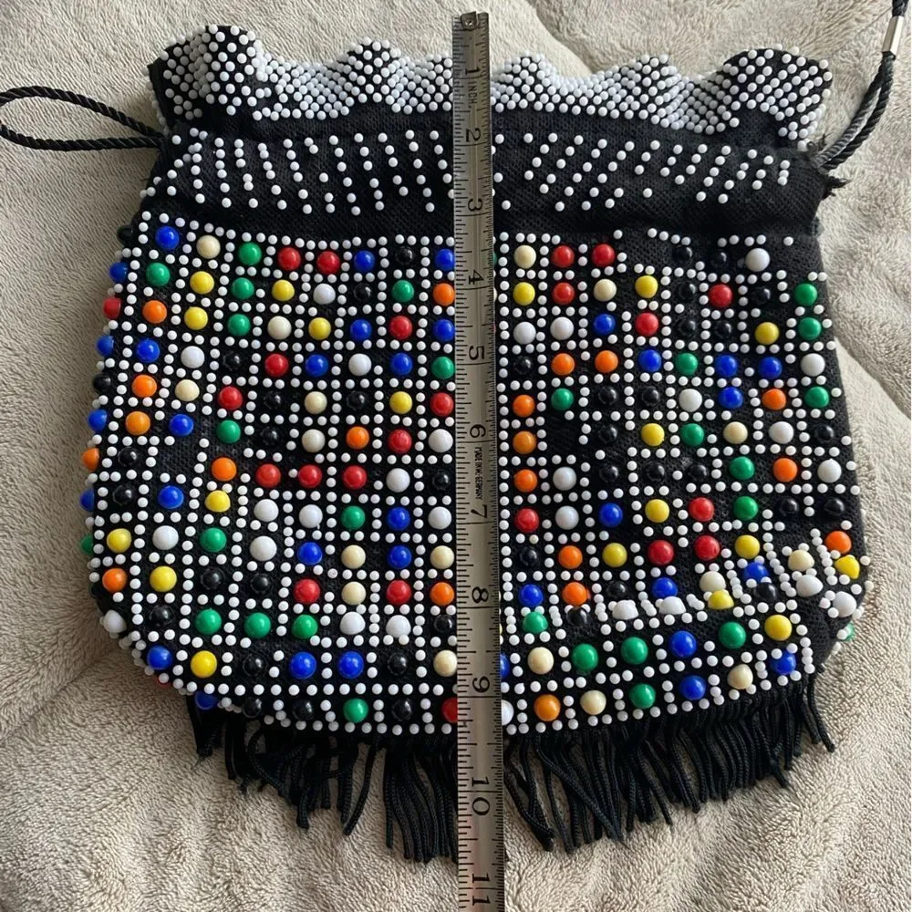 Vintage Colorful Beaded Black Drawstring Bag - 1970s Bingo Bag